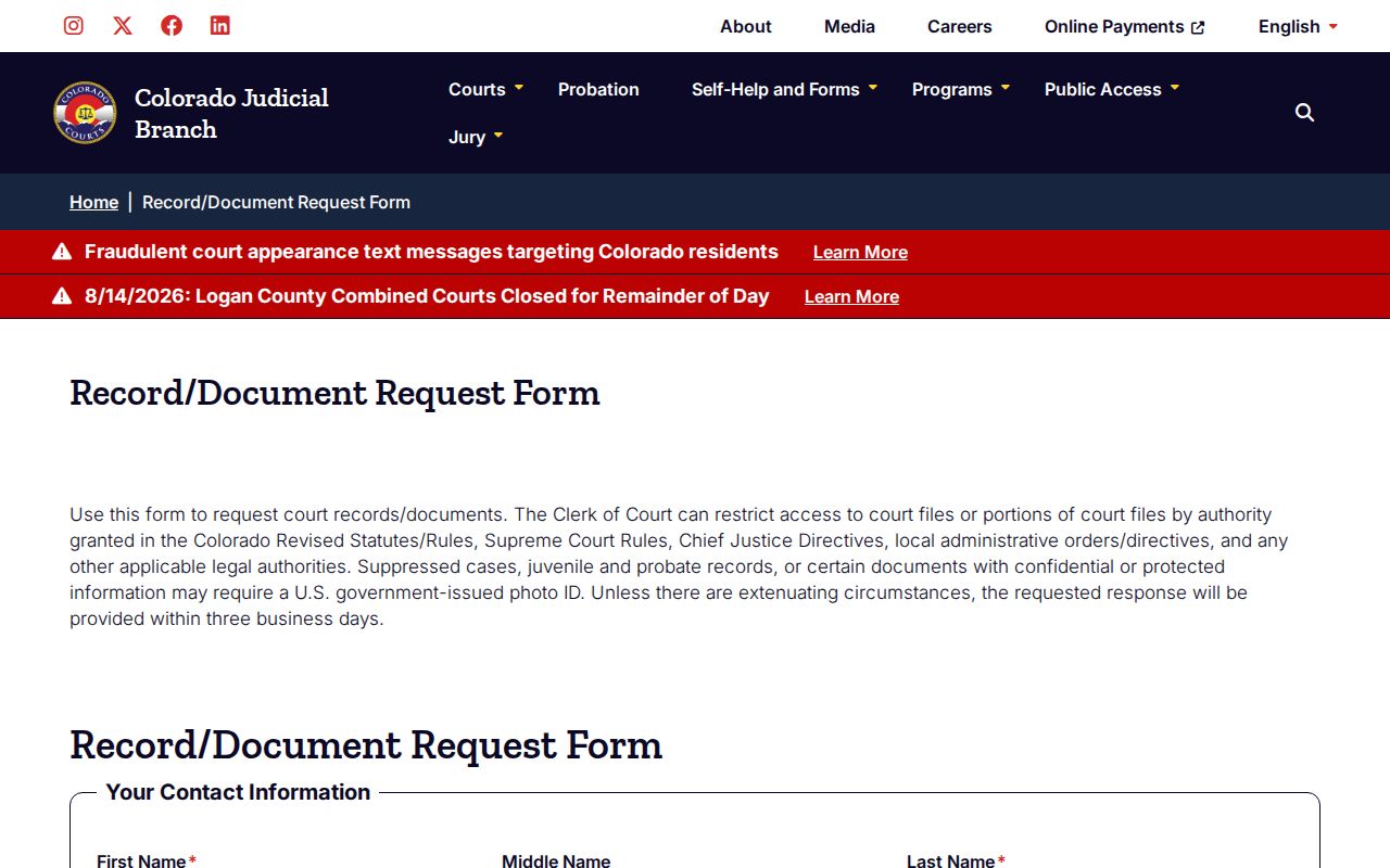 Gilpin County case search record document request form