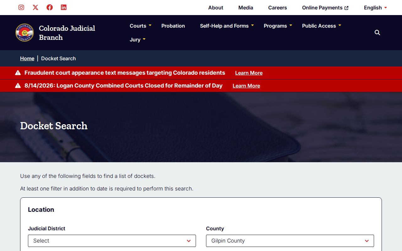 Gilpin County court calendar search form