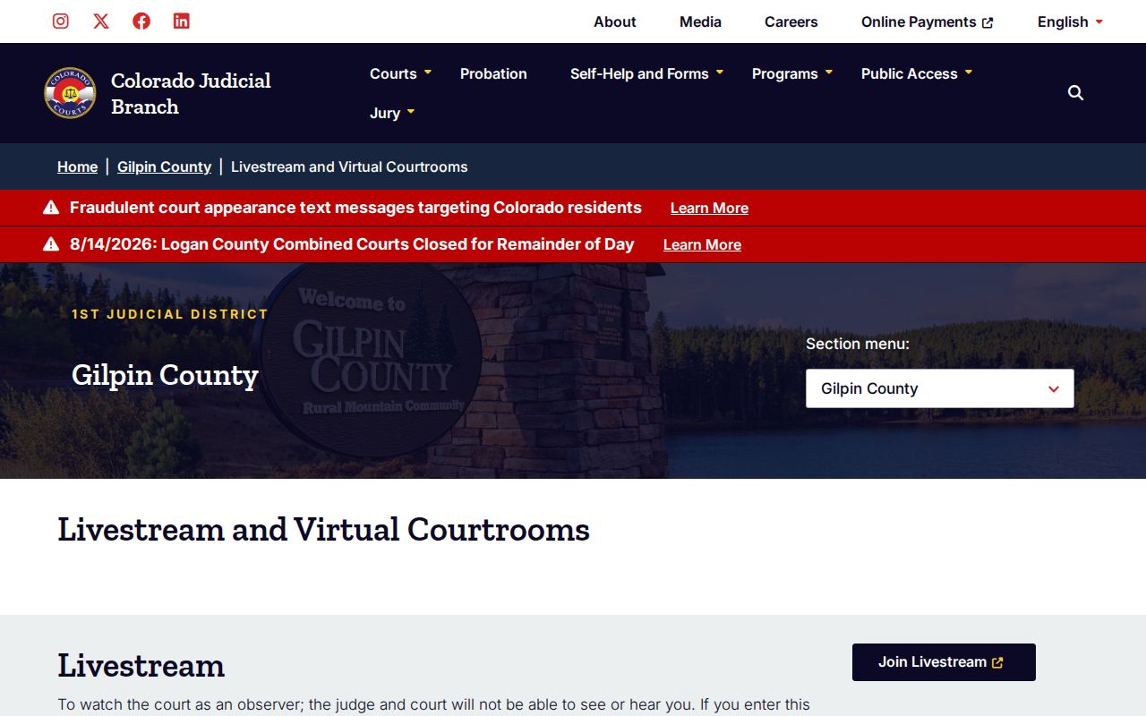Gilpin County court calendar virtual courtroom directory