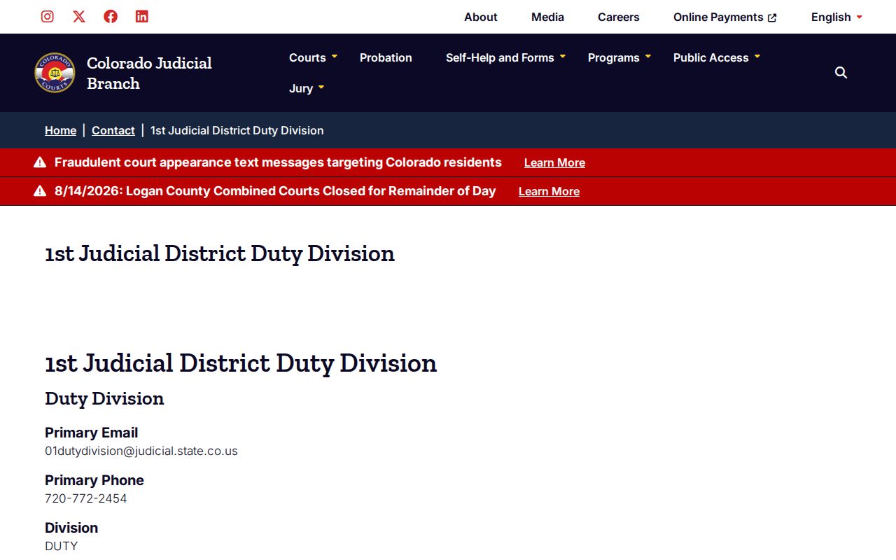 Gilpin County court calendar First Judicial District contact
