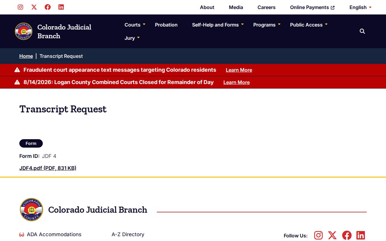 Gilpin County court calendar transcript request source