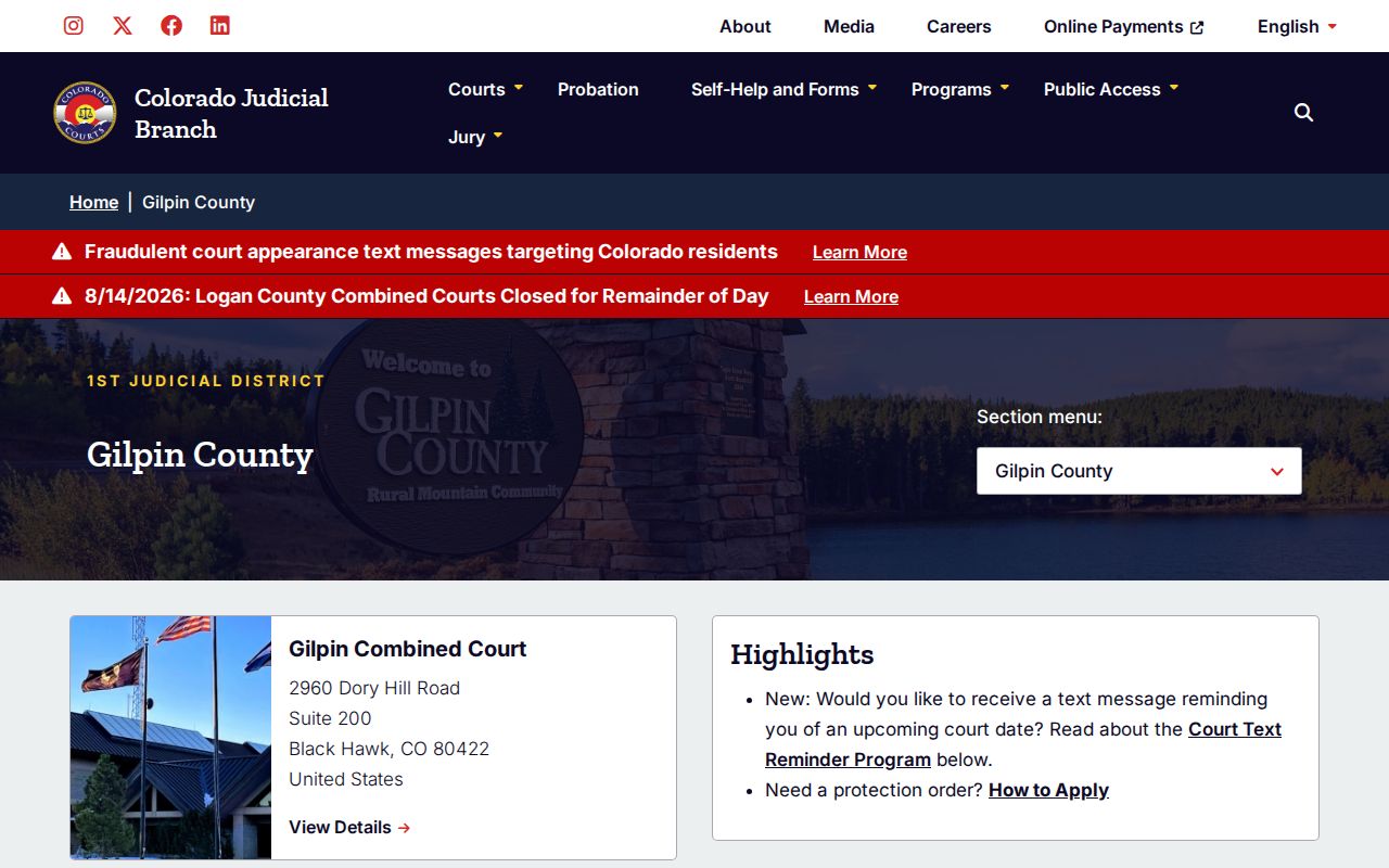 Gilpin County court docket trial court page