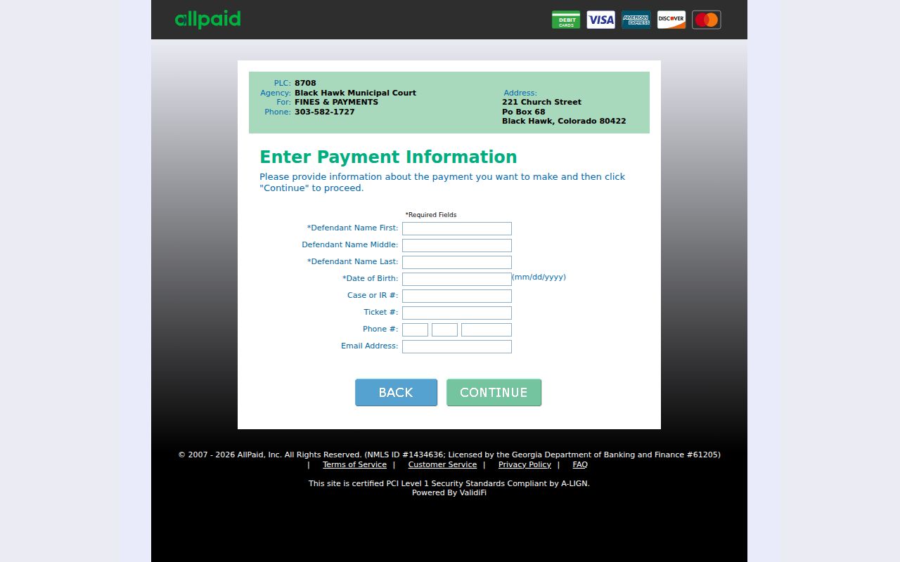 Gilpin County traffic court payment fields on Black Hawk ALLPAID